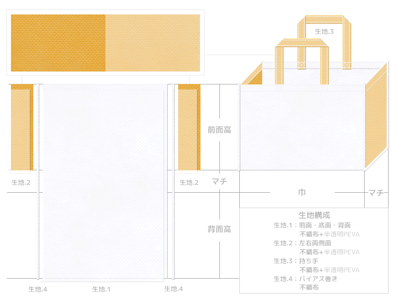 オープンキャンパスのバッグにお奨めの不織布バッグデザイン：白色と黄土色の不織布に半透明フィルムを加えたカラーシミュレーション
