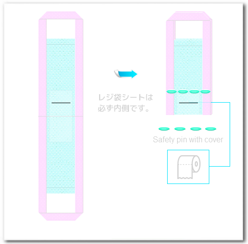 半折後、安全ピンを留めます。