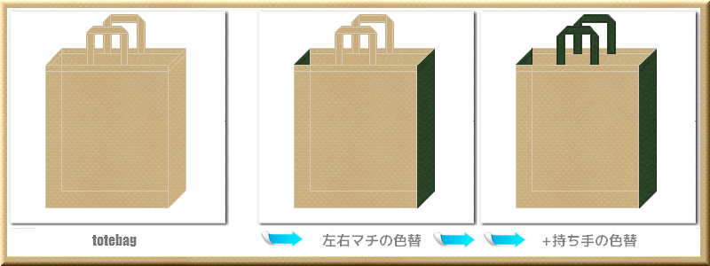 不織布トートバッグ：メイン不織布カラーカーキ色+28色のコーデ