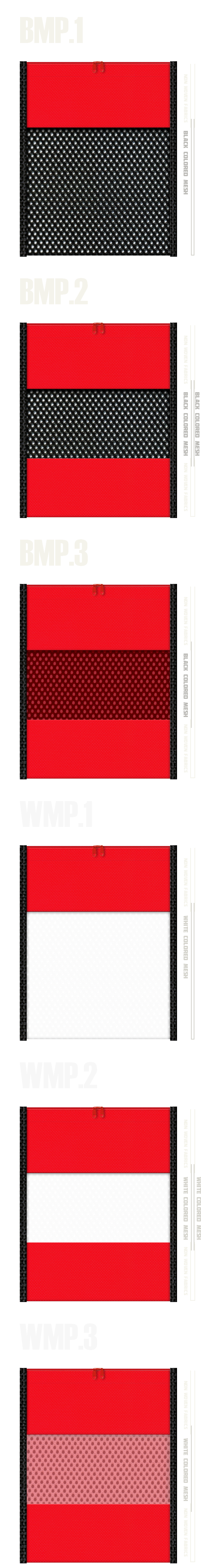 メッシュポーチのカラーシミュレーション：黒色・白色メッシュと赤色不織布の組み合わせ