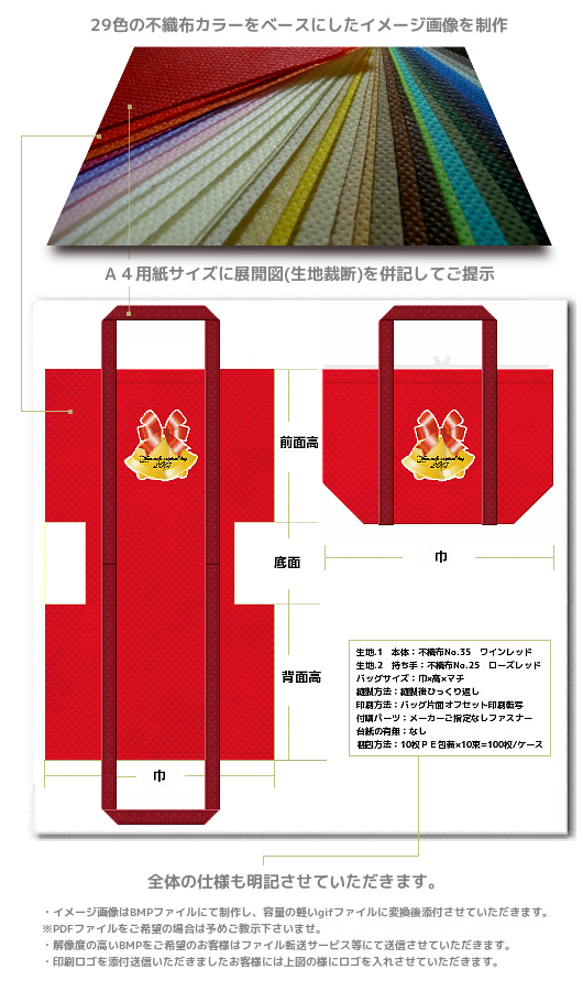 不織布バッグのデザイン内容。生地裁断・配色・印刷の位置が一目でわかる展開図付きです。