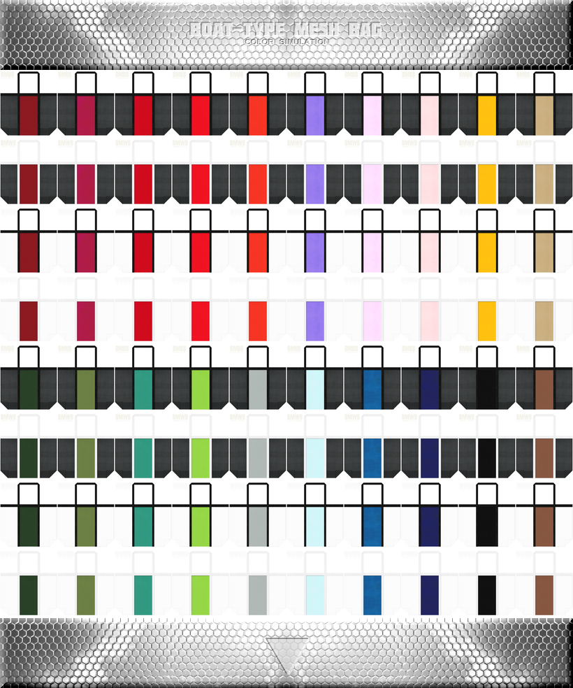 台形型メッシュバッグのカラーシミュレーション：黒色・白色メッシュと不織布の組み合わせができます。