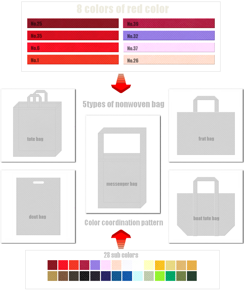 赤色系不織布バッグのフリーイラスト説明：5種類の不織布バッグ×赤色系メインカラー8色×サブカラー28色のコーディネート