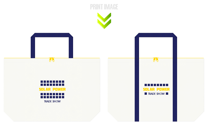 不織布バッグのデザイン：太陽光パネルの展示会用バッグ・・・ファスナーをつけると配布資料が落ちにくく、再利用にも便利です。
