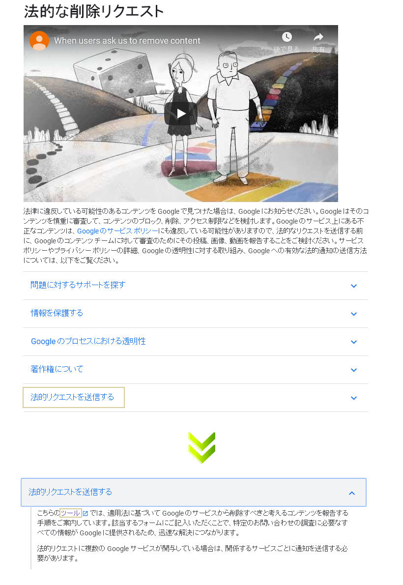 DMCAに基づいた対処・・・Googleへの法的リクエスト送信ツールの表示