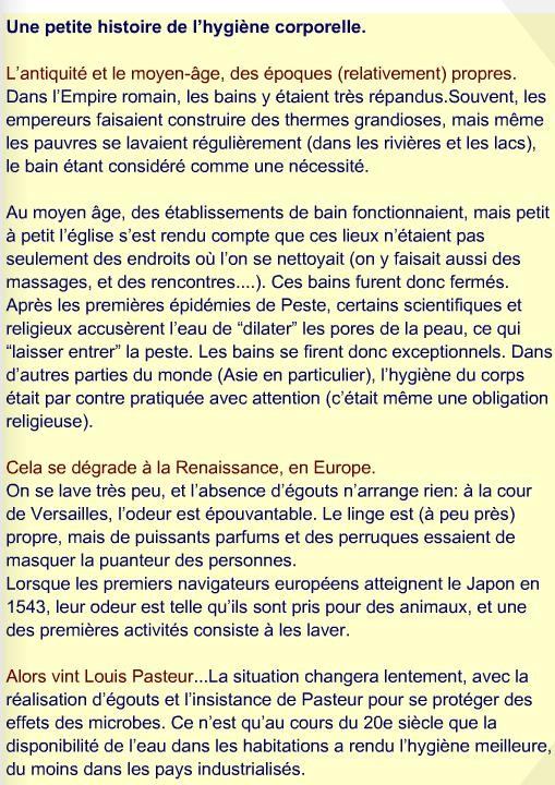 Petite histoire de l'hygiène corporelle.Source: http://svtcol.free.fr/spip.php?article609