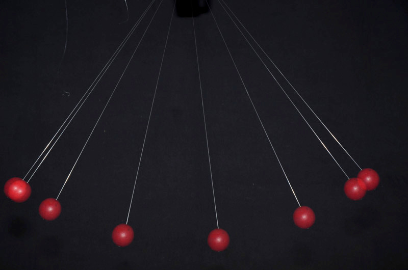 Seen from a physical standpoint, a puppet is a pendulum. With the aid of a ball on a string, you can visualise which forces apply and which possibilities result. 