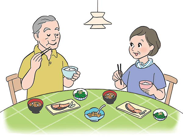 シニア（高齢者）の夫婦が健康に気を使った食事をしているイラスト