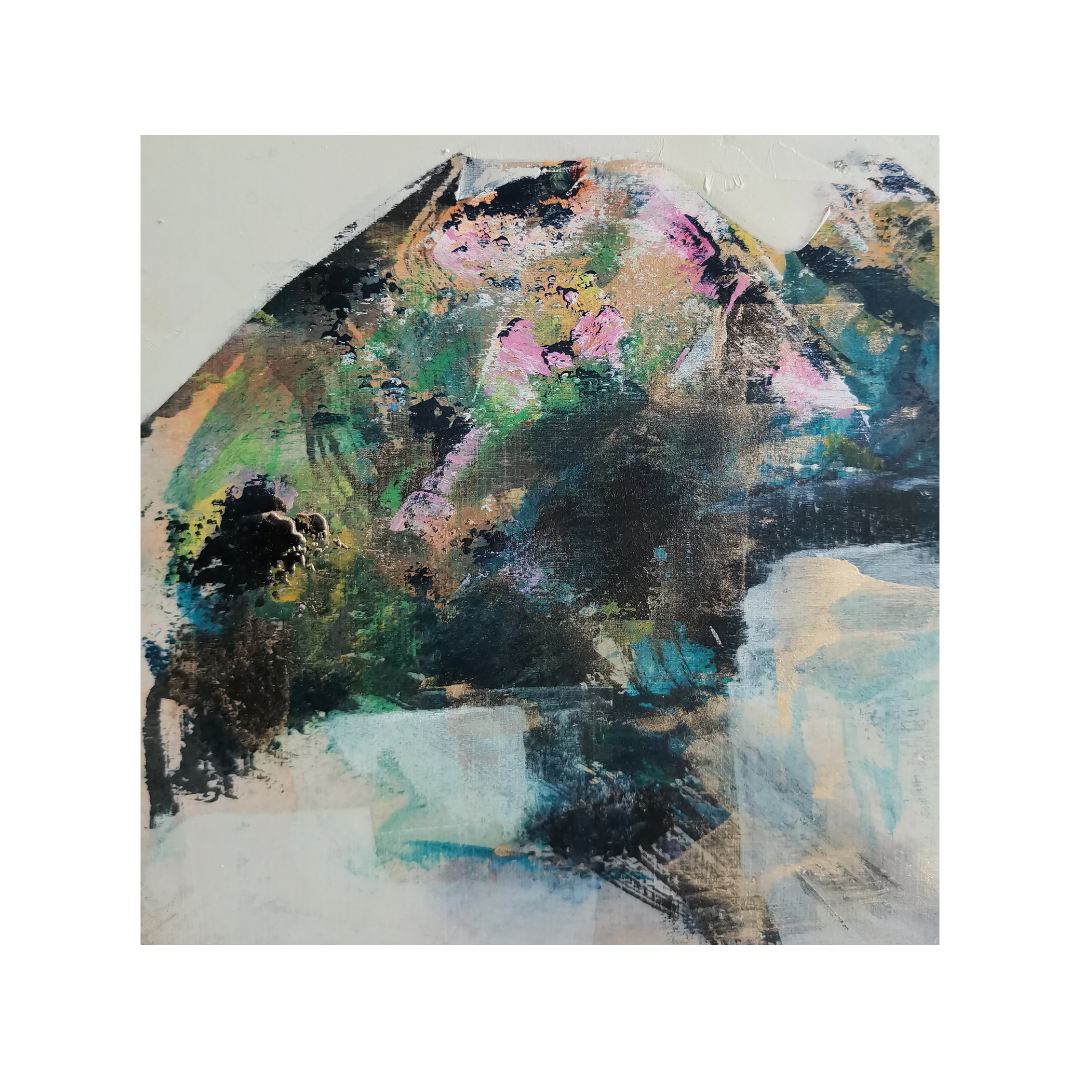 Mountain and the hawk, 20 x 20, mixed media on plywood /available  