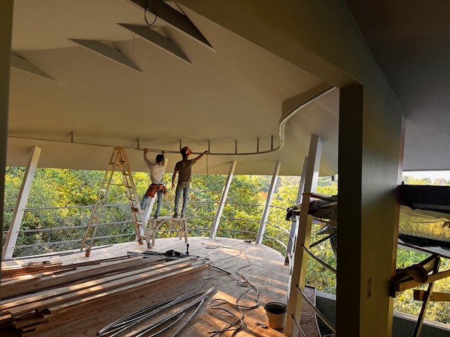 January 2024 - the curtain rail is being attached: our exterior wall towards the sea