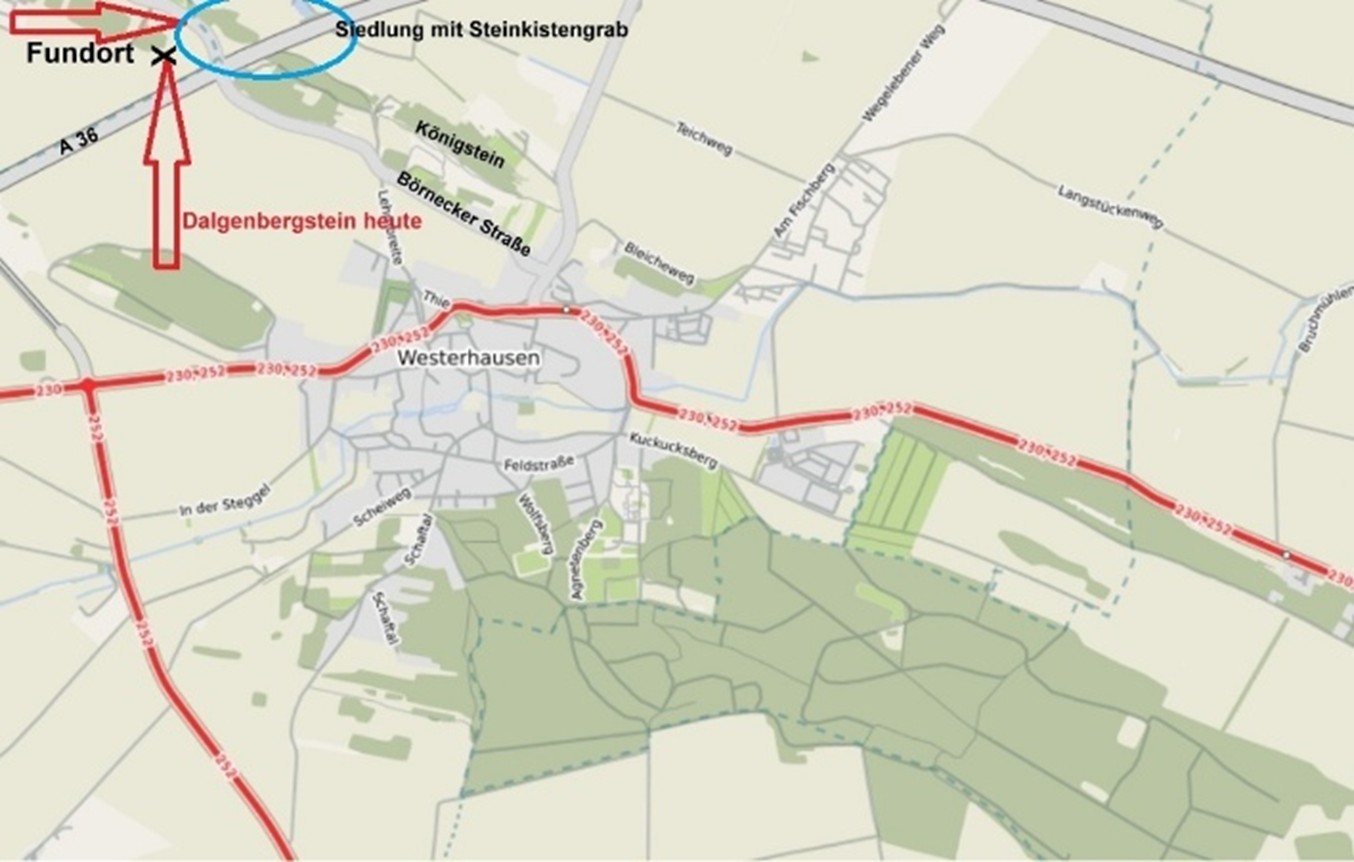 Das ist der Lageplan dazu mit dem Bezug zum Steinkistengrab