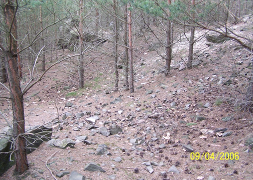 Das Umfeld der Felsen ist mit Abschlägen bedeckt.