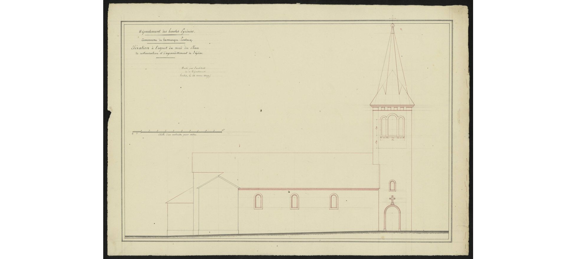 1849            élévation à l'aspect du nord du plan de restauration et d'agrandissement de l'église.