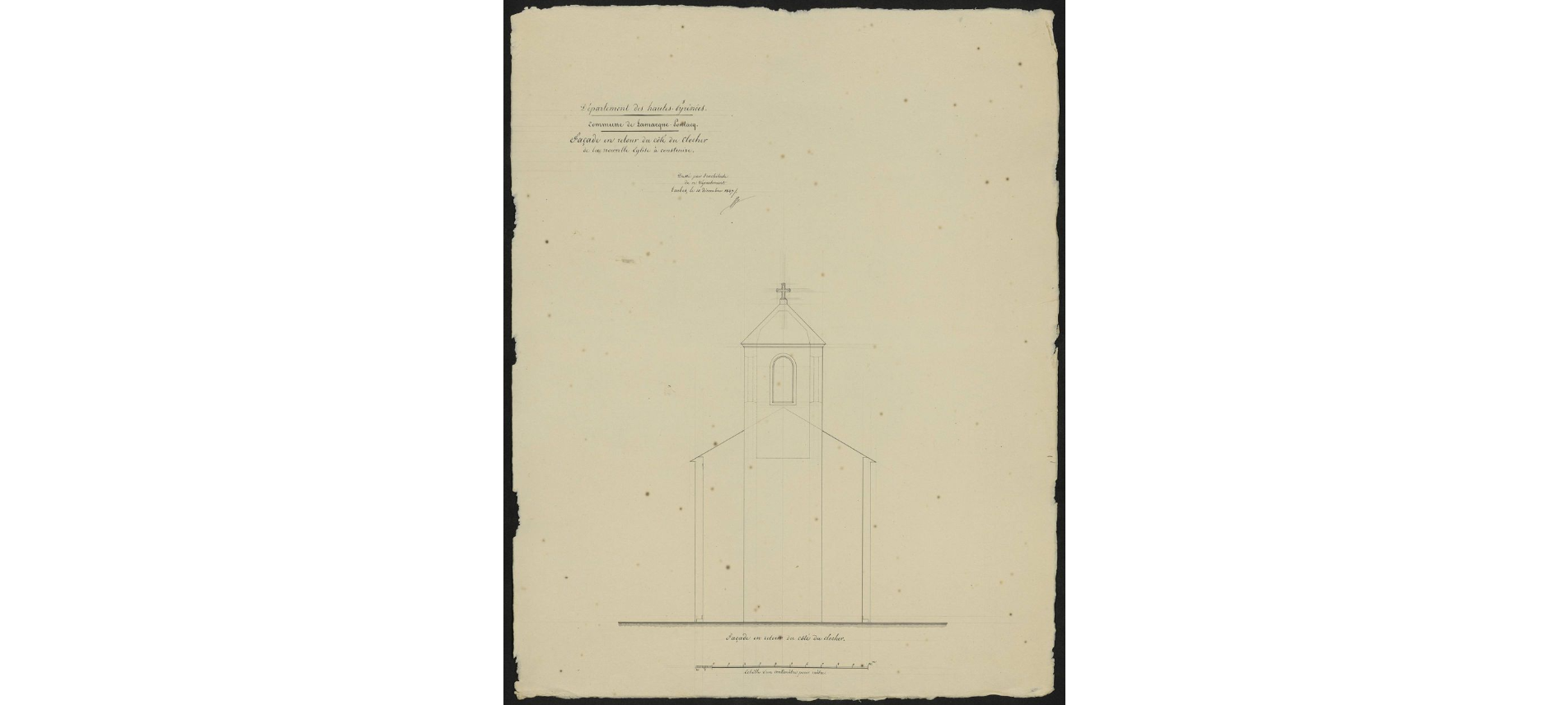 1847             façade en retour du côté de la nouvelle église à construire.