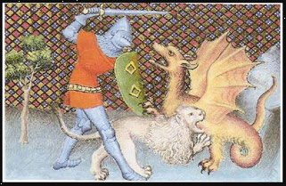 Yvain combat un dragon/Roman de Lancelot/XVe Bibliothèq. de l'Arsenal