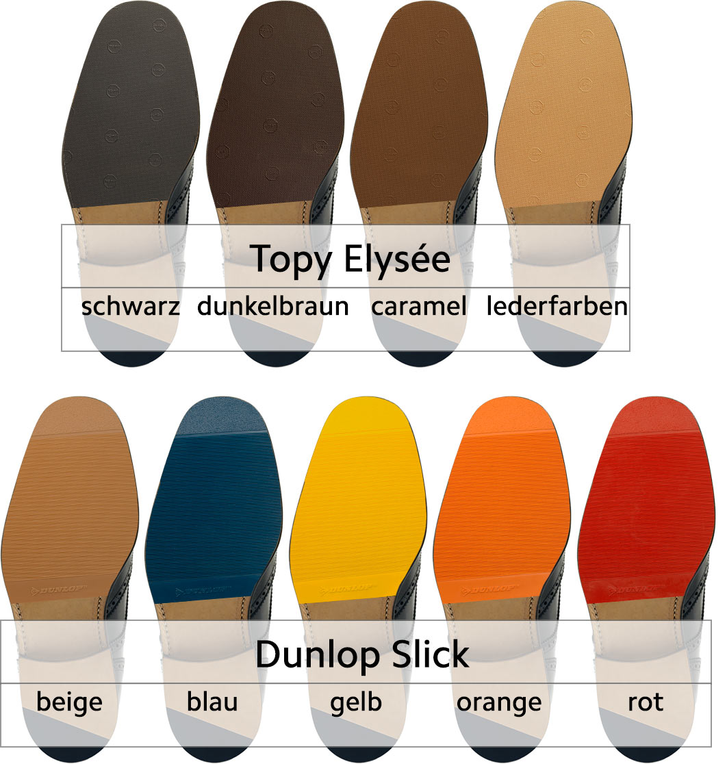 Topy Elysee Gummihalbsohle in schwarz, dunkelbraun, caramel und lederfarben, Dunlop Sick Gummihalbsohle in beige, blau, gelb, orange oder rot.