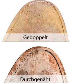 Die Doppelnaht (oben) liegt näher am Rand und  ist mit engeren Stichen genäht als die Durchnähnaht (unten).