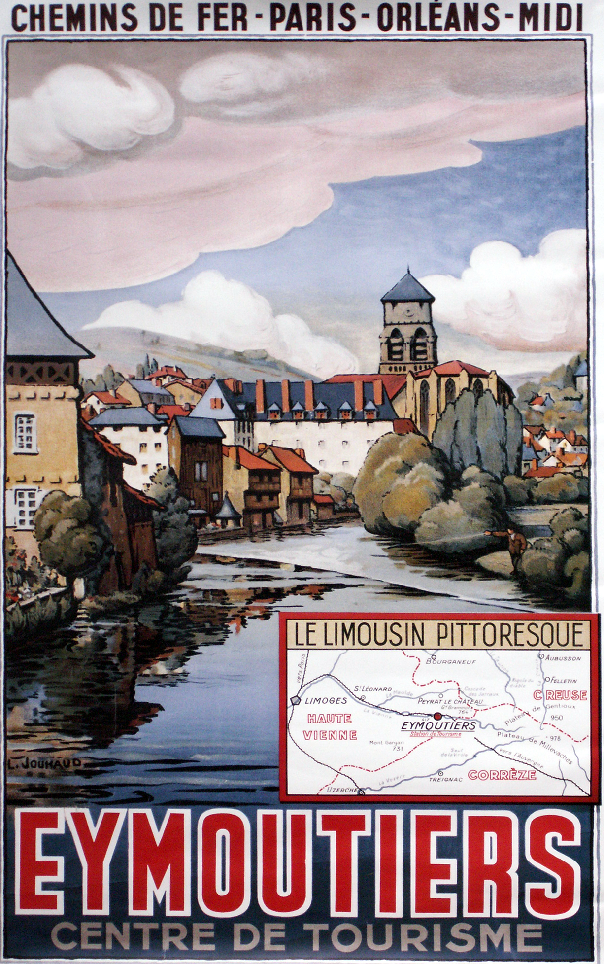 Affiche vantant la destination touristique Eymoutiers ! (artiste local émailleur Léon Jouhaud)