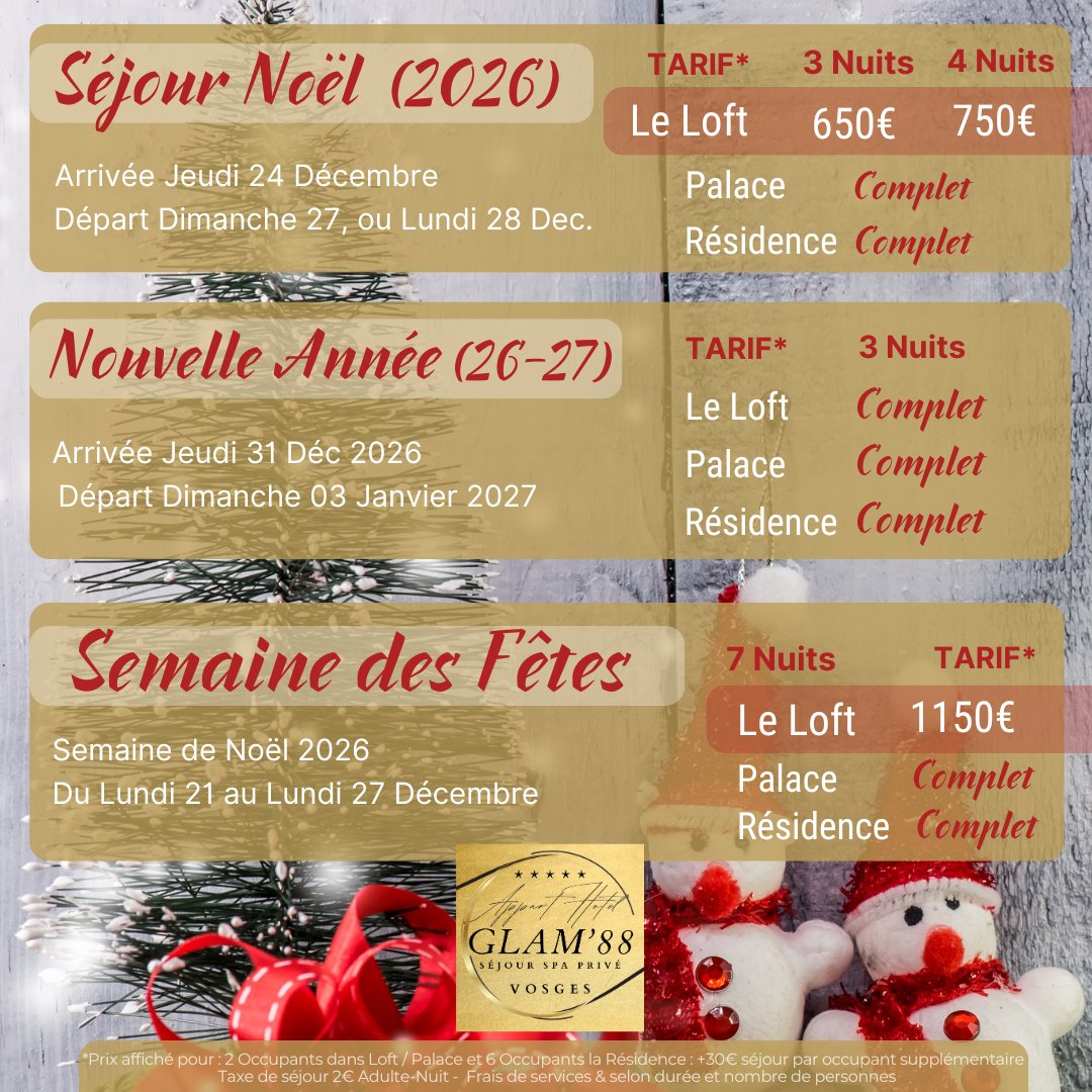 Tarifs 2026 Offres Glam88 pour les fêtes : séjour spa-sauna privatif pour Noël ou nouvel an - vacances d'hiver en Alsace-Vosges
