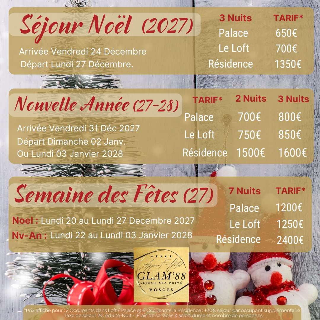 Les Offres et Tarifs 2027 Glam88 pour les fêtes : séjour wellness privatif pour Noël ou nouvel an - vacances d'hiver en Grand-Est au Glam'88