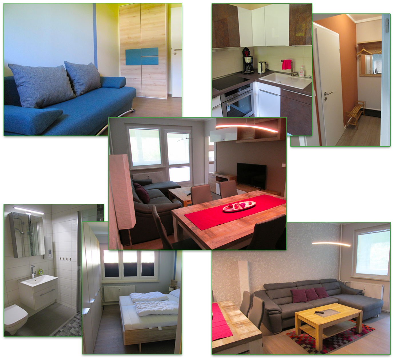 Fotokollage der Gästewohnung mit allen Fotos nochmal im Überblick.