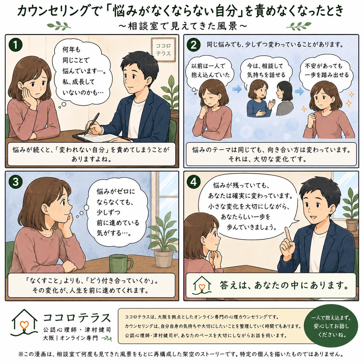 カウンセリングで「悩みがなくならない自分」を責めなくなったとき。