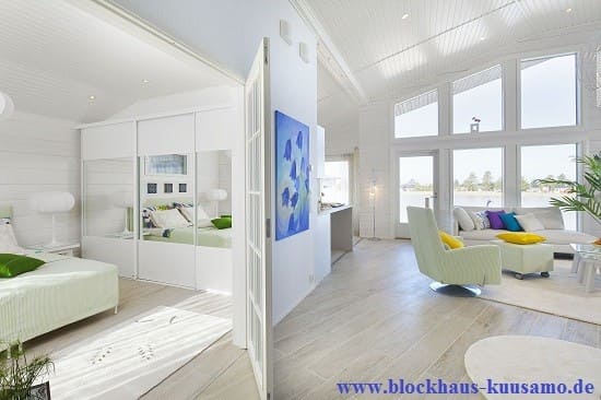 Wohnen im Blockhaus Bungalow - Finnische Holzhäuser -  Holzhaus bauen - Blockhäuser zum Wohnen - Helles Holzhaus mit viel Platz - Traumhaus - Architektenhaus 
