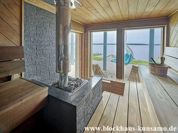 Strandsauna mit Holzofen und Panoramafenster