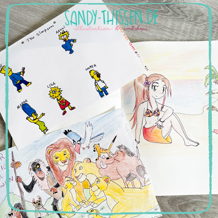 Kinderzeichnungen die Simpsons, König der Löwen und Mangas