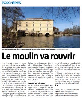 Article de presse Sud-Ouest Réouverture Moulin de Porchères Gironde