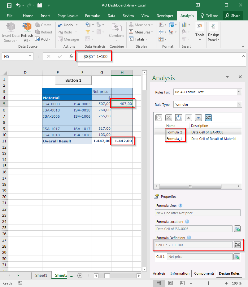 SAP Analysis for Office Design Rules tab