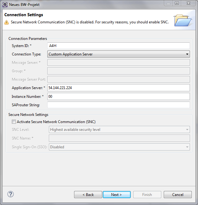 New BW-Project Connetion Settings