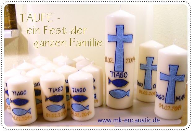 Taufkerze, 2 Patenkerzen, Tischkerzen