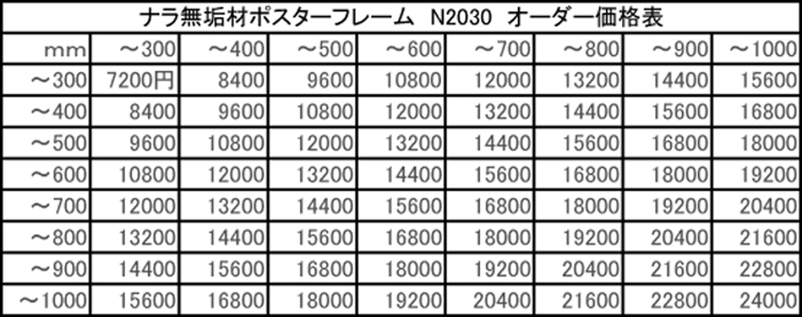 ナラ（オーク）無垢材のポスターフレーム（額縁）オーダー価格表