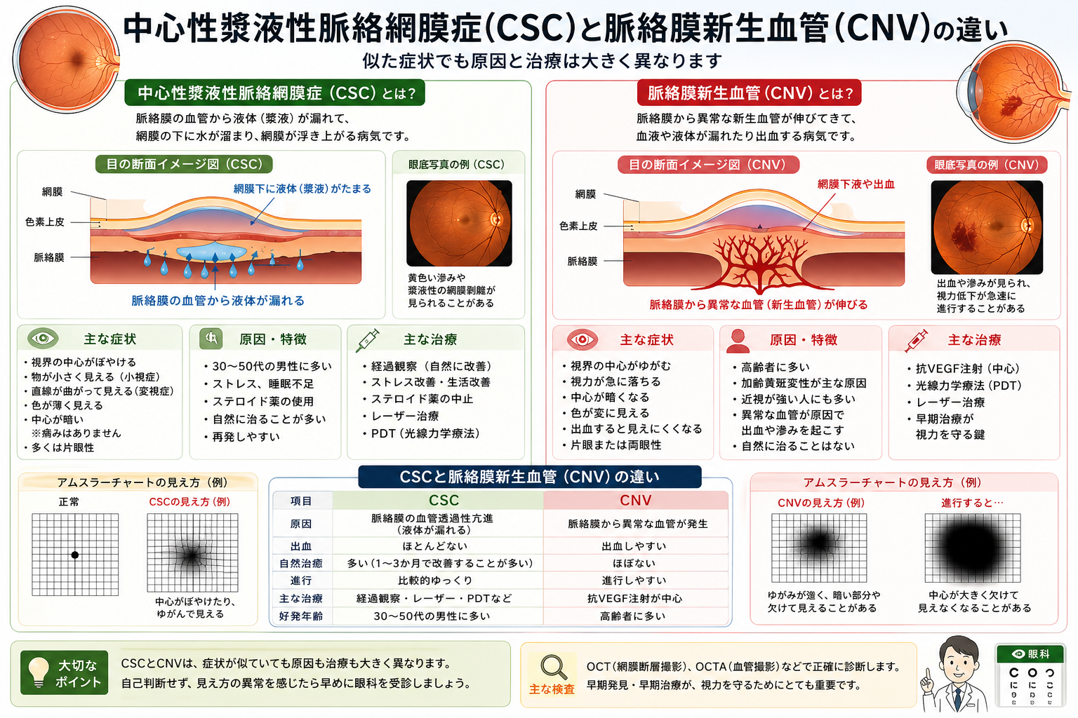 中心性漿液性脈絡網膜症(CSC)と脈絡膜新生血管の違い