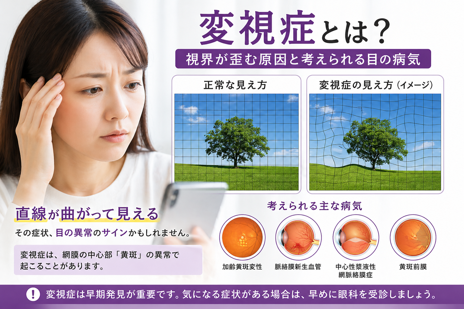 変視症とは？視界が歪む原因と考えられる目の病気  「直線が曲がって見える」