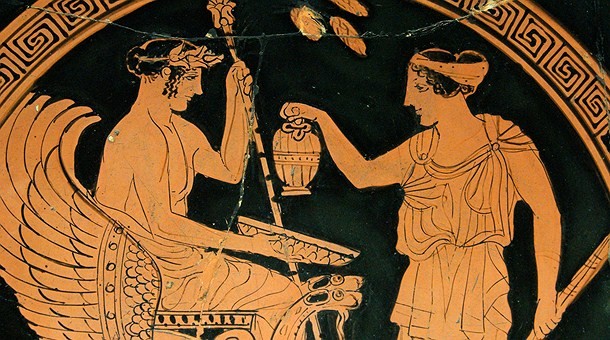 Cerámica griega con la técnica inversa, rojo sobre negro.