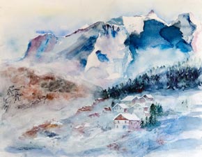 Aquarelle du Mont-Blanc dans les Alpes