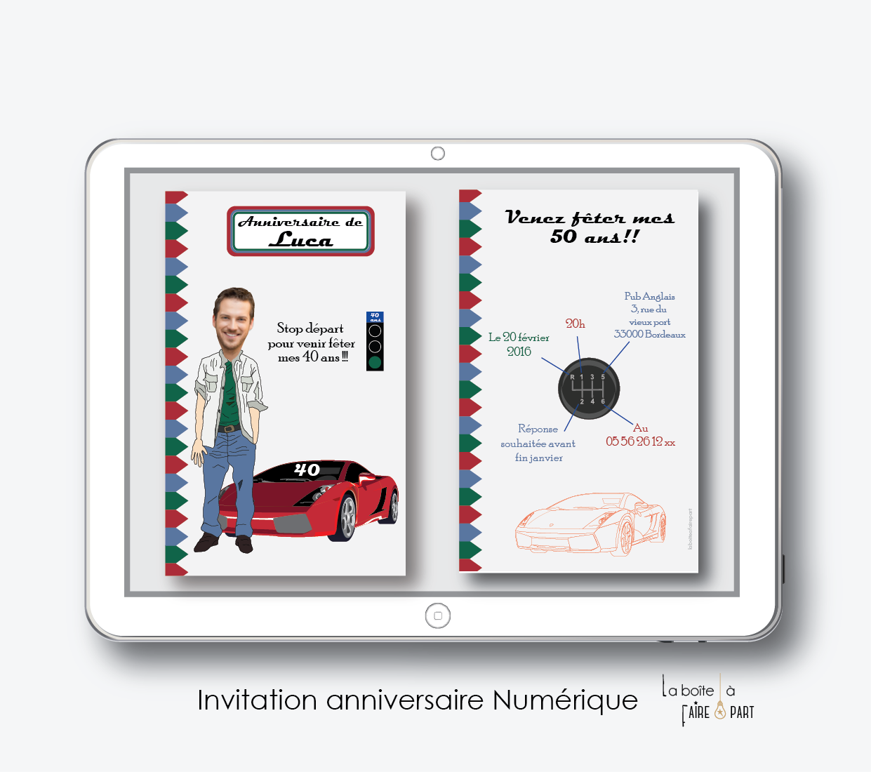 Invitation anniversaire homme VOITURE - Faire-part naissance, faire-part  mariage, baptême, invitation anniversaire : La boite à faire part