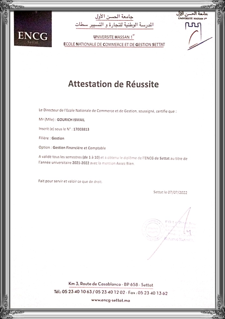 Attestation de réussite du Diplôme des écoles nationales de commerce et de gestion 2022 Mention Assez bien
