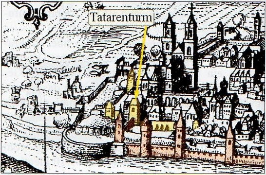 Der Tatarenturm auf einer Zeichnung von Daniel Meisner, 1623.