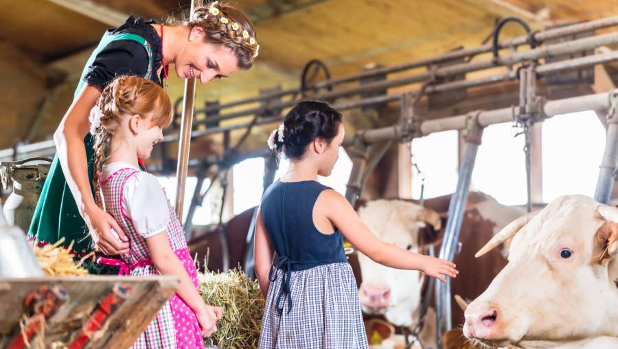 Mutter mit ihren Töchtern im Kuhstall (Symbolbild: iStock/kzenon)