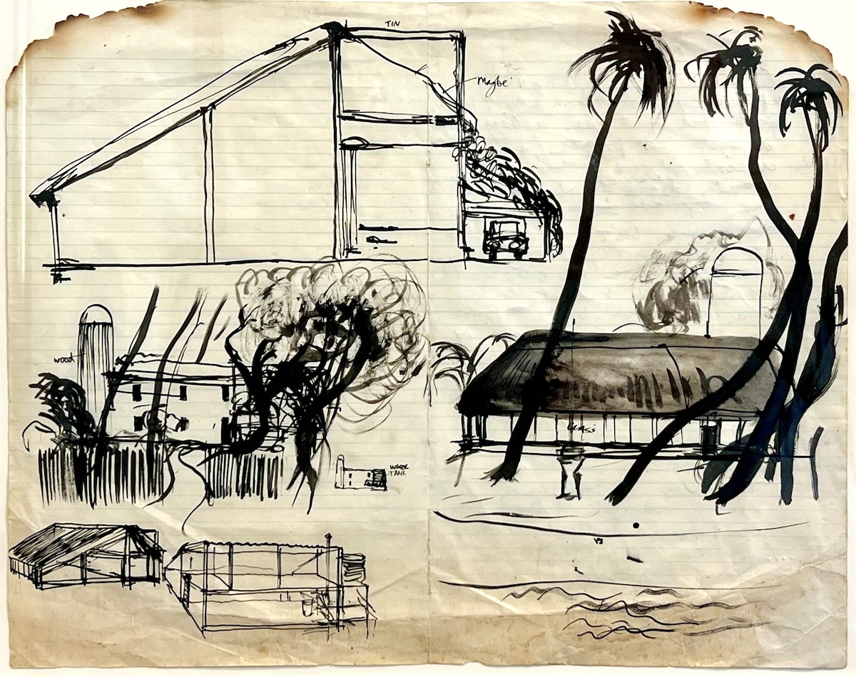 Ink sketch of Whiteley's proposed house in Fiji
