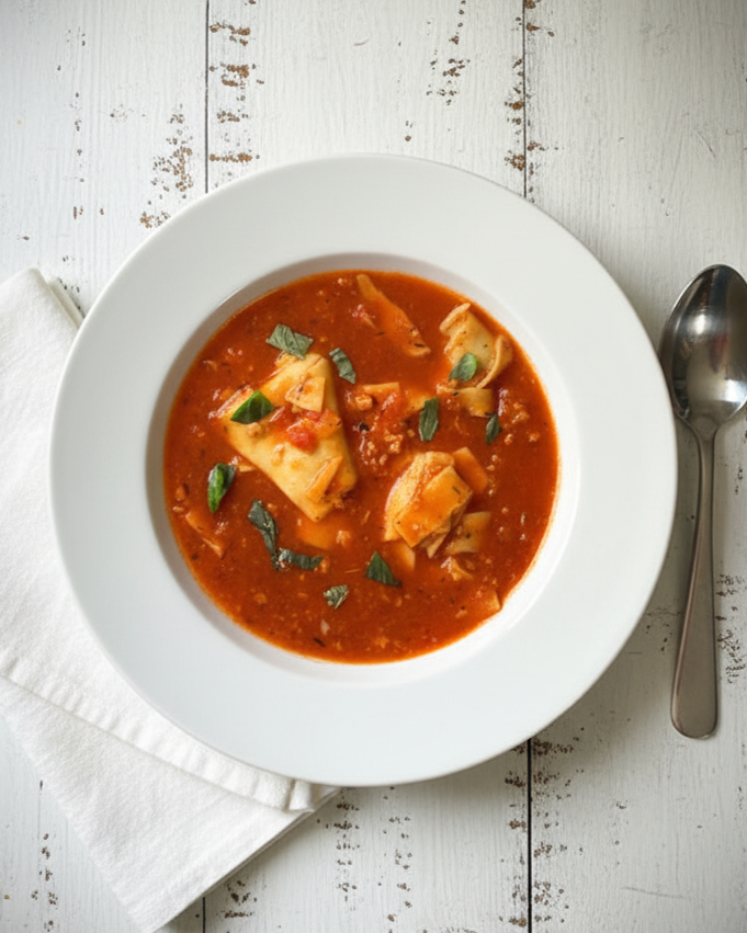 Vegetarische / vegane Lasagne-Suppe schnell und einfach aus dem Thermomix, veganer Hackersatz aus Grünkern und Sojagranulat
