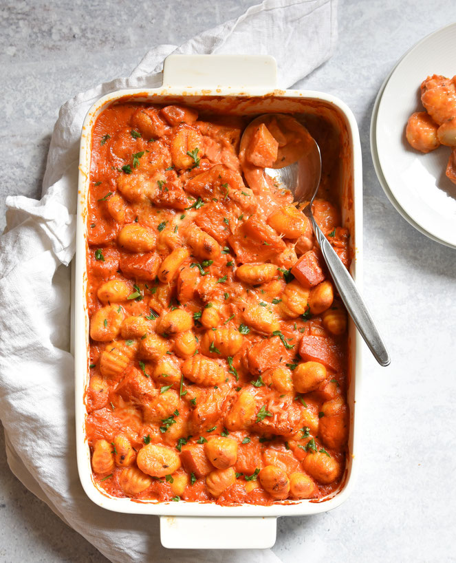 Kürbis Gnocchi Auflauf mit frischem Basilikum, vegetarisch, vegan machbar, Thermomix