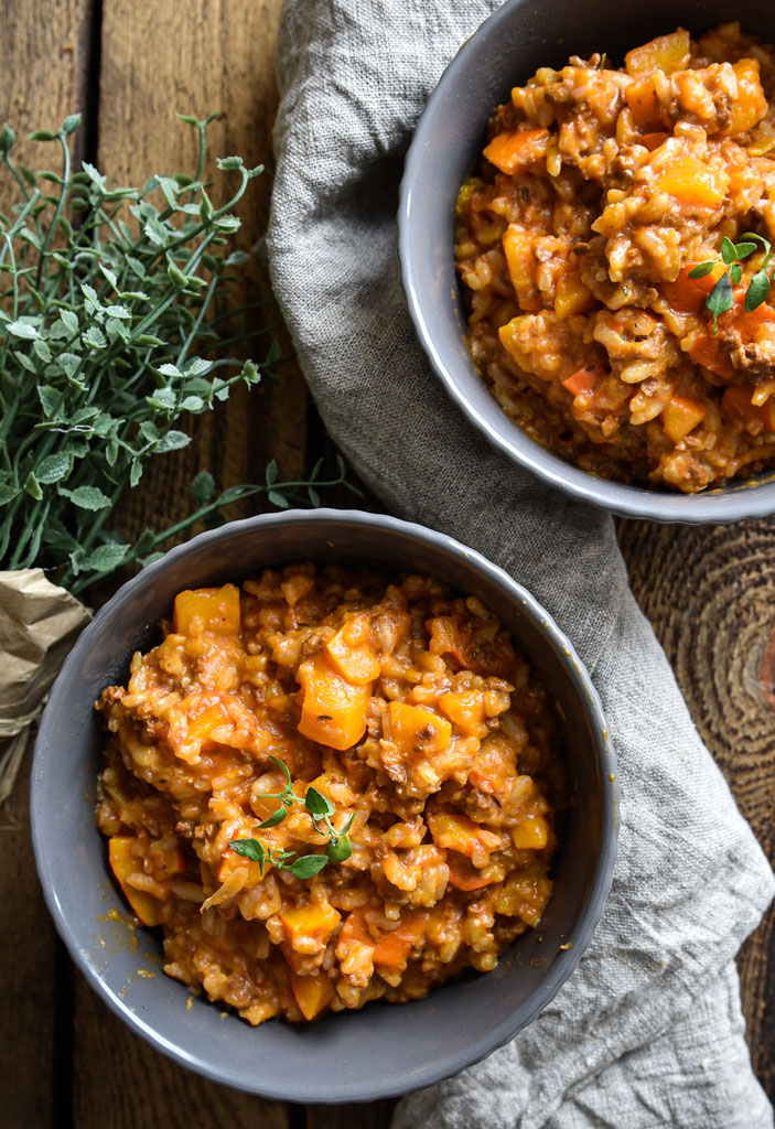 Kürbis-Risotto. Mit Hackfleisch oder Hackersatz. - mix dich glücklich ...
