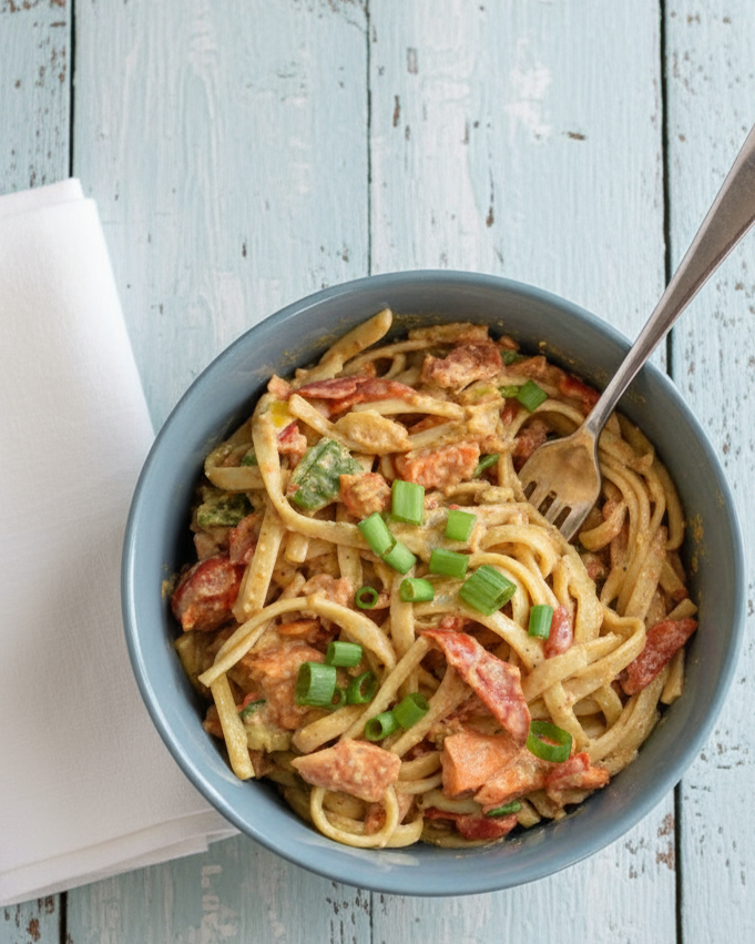 Pasta mit Möhren und Paprika in einer cremigen Erdnuss Soße, vegetarisch, vegan, all in one Rezept für den Thermomix