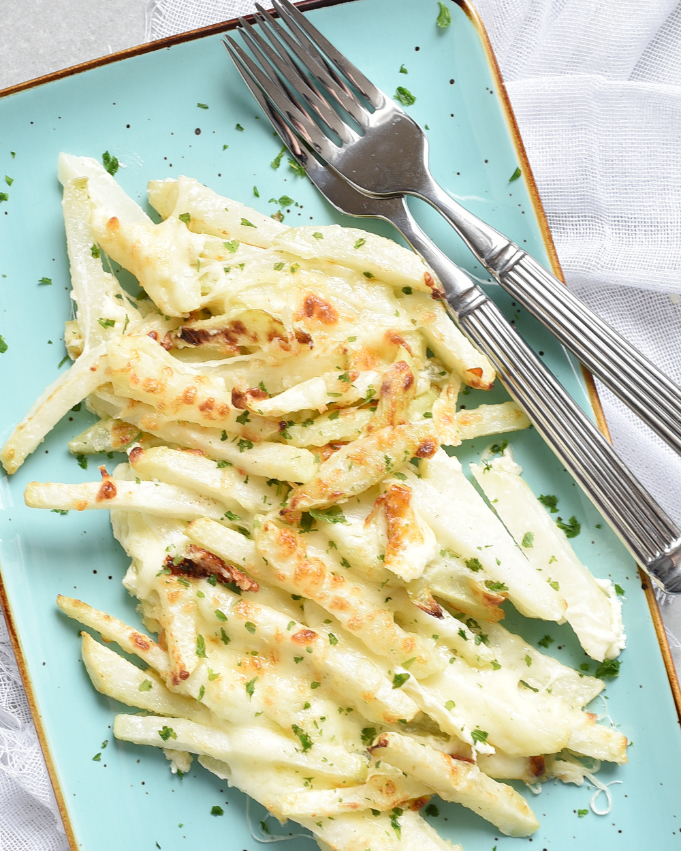 Rezept für überbackener Kohlrabi aus dem Airfryer mit Schmand und geriebenem Käse einfach und lecker