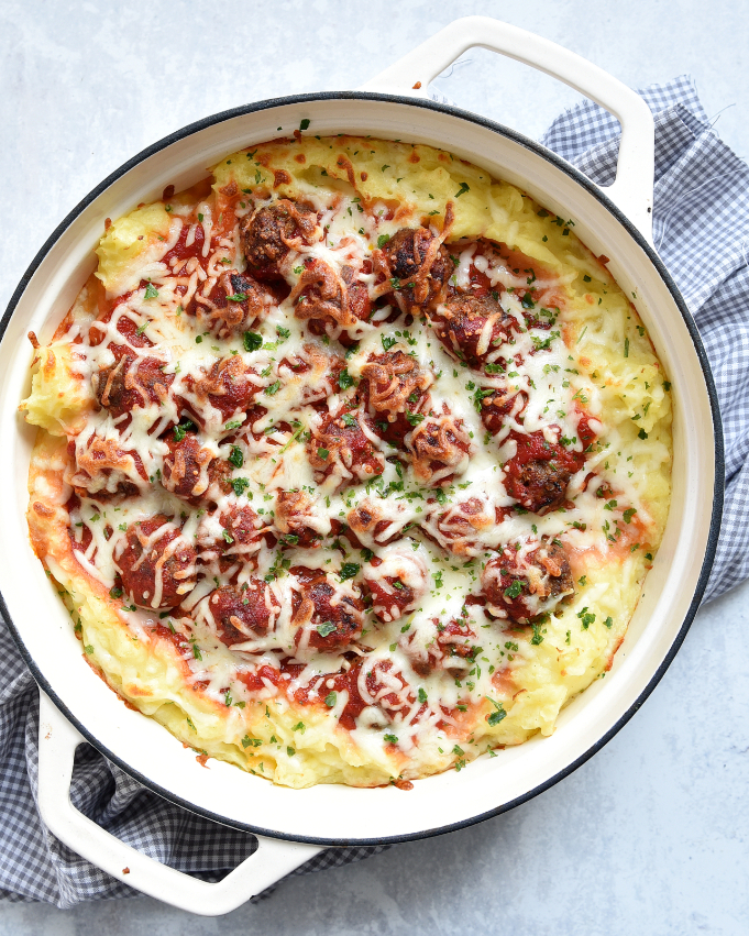 Kartoffelbrei mit Hackbällchen in Tomatensoße überbacken Meal Prep tauglich einfach und lecker Kinderessen