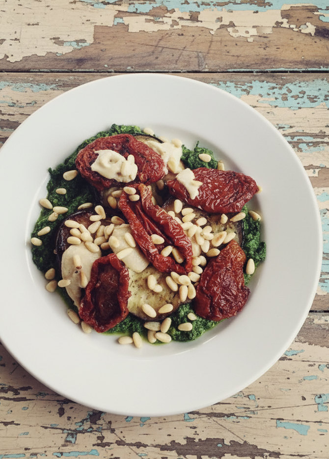 Auberginen im Spinatbett. Mit Tahin, Tomaten und Pinienkernen. - mix ...